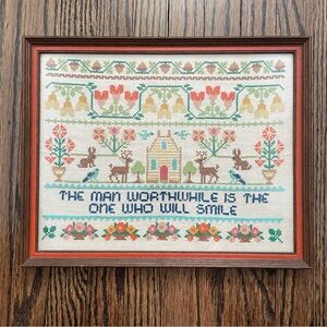 Vintage 70s “The Man Worthwhile is the One Who Will Smile” Framed Cross Stitch
